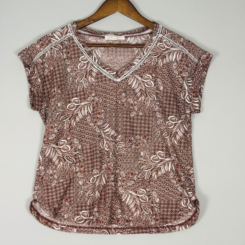 Joie De Vivre Top Womens Small Burgundy Boho Floral V-Neck Excellent
